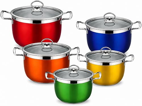 Condere Stainless Steel Coloured Cookware Pot Set of 10 with Glass Lids - CDH-002