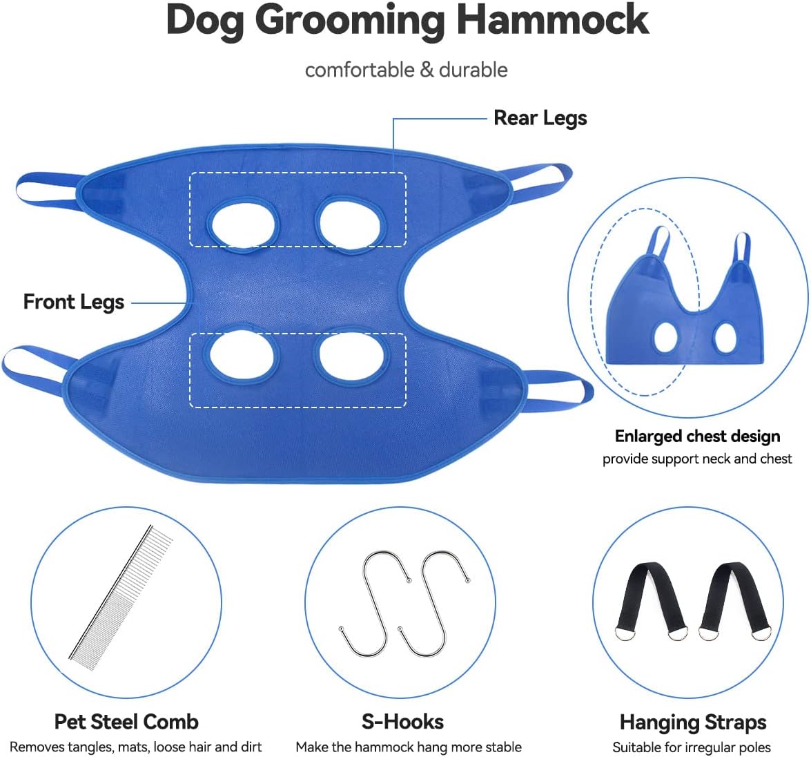 Aucenix Pet Grooming Hammock Harness for Extra Small Dogs & Cats, Breathable Dog Grooming Sling with 4 Hooks, Durable Dog Hammock Restraint Bag Helper for Nail Clipper and Bath Grooming (S) (Blue)