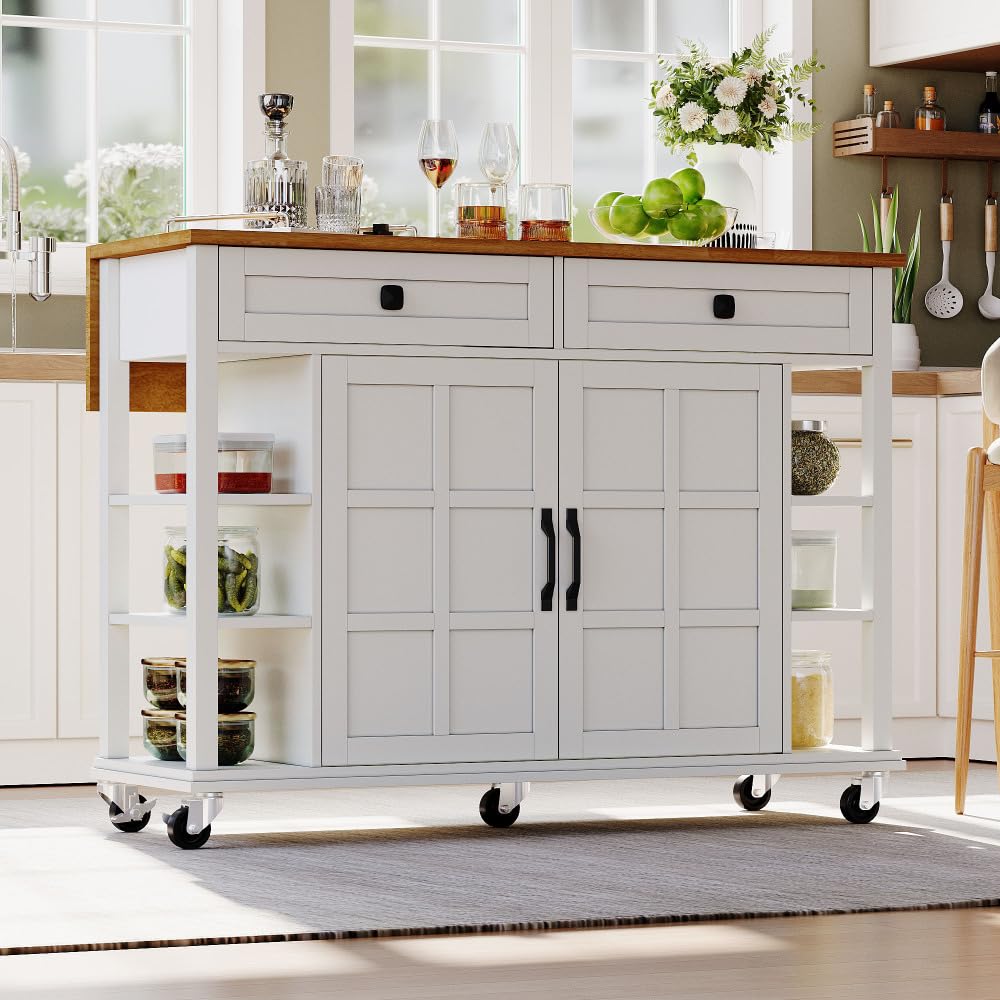 Isla De Cocina Extensible Con Toma Y USB – 110-214x78x97.5 Cm – Con Cajones Y Ruedas