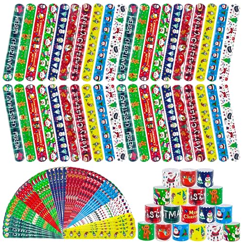 Image of JUNEBRUSHS 56 Pack Christmas Slap Bracelets Xmas Slap Bands Wristband Party Favors Snap Bracelets Bulk for Christmas Gifts Toys Stocking Stuffers
