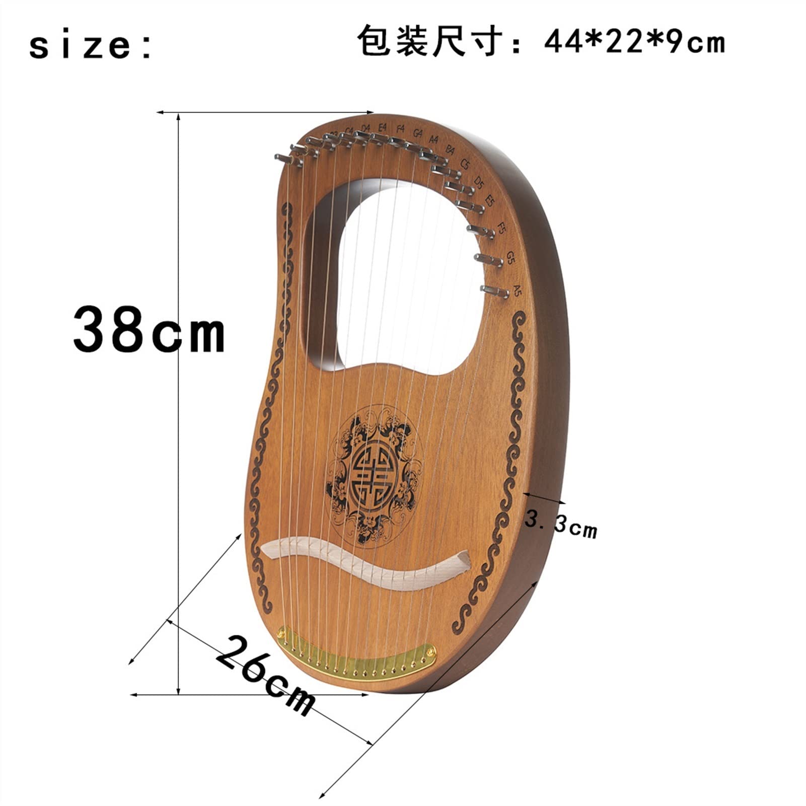 Tragbare Harfe, 16-saitige Kastenharfe, 16-saitige Baumstammharfe, Musikinstrument, tragbare kleine Harfe, kleine Harfe, Leier, Musikinstrument