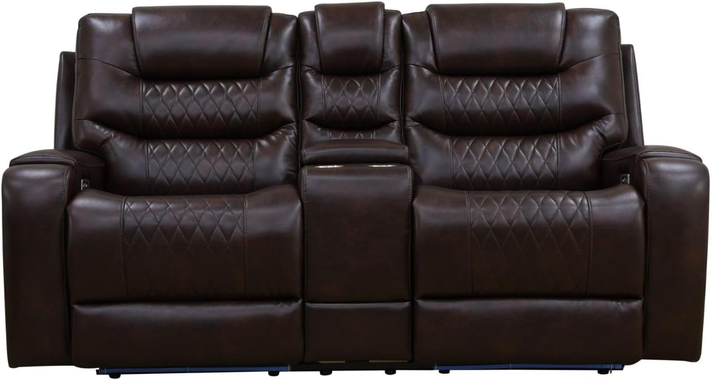Recliner Loveseat Dark Brown Breathing Leather USB Charging LED Lighting Cup-Holder