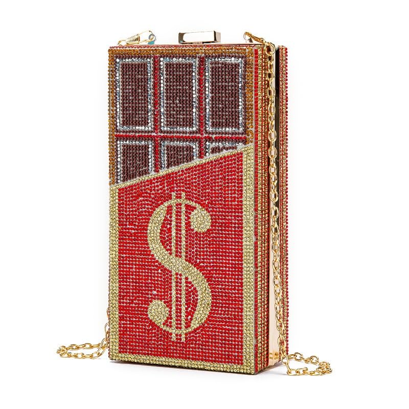 Sac à main acrylique rouge d'exception, ornements strass et chaîne Dollar
