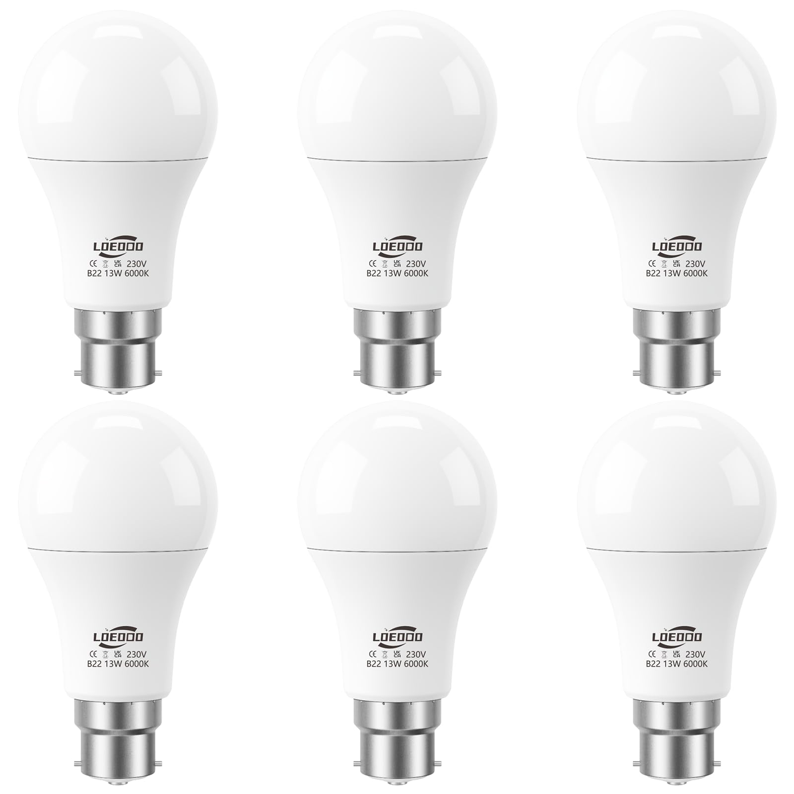 B22 Bayonet LED Bulbs 100W Equivalent, 13W Light Bulb, 1200 Lumens, 6000K Cool White, A60 Energy Saving Lightbulbsb, Non-Dimmable, Pack of 6