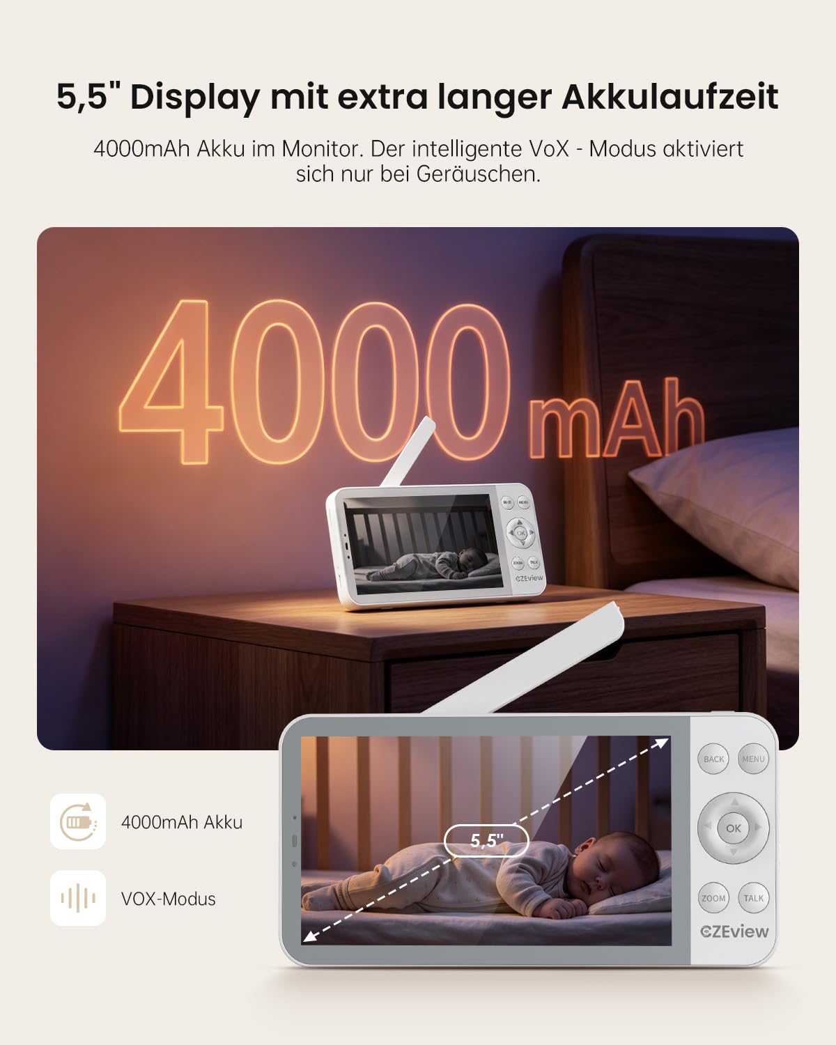 CZEview Babyphone con 2 cámaras y aplicación, Intercomunicador de bebé con Video de 5,5 Pulgadas con transmisión por móvil, visión Nocturna, Audio bidireccional, Detector de Movimiento