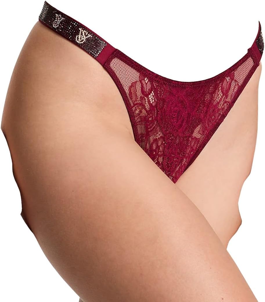 Victoria's Secret Shine Strap Lace Crotchless Brazilian Panty Color Campari Red New