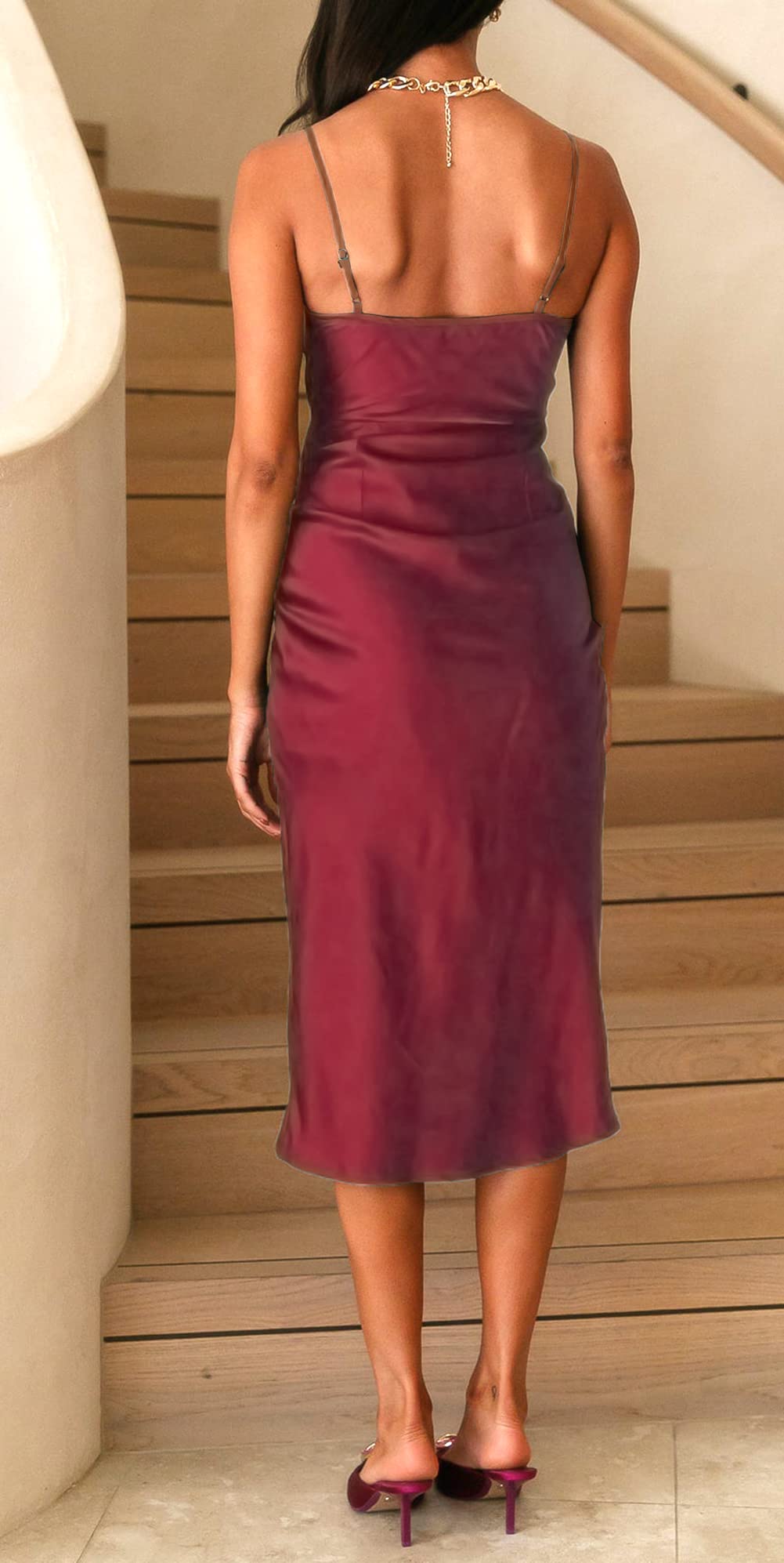 Tsher Women's Cowl Neck Spaghetti Strap Satin Wedding Guest Party Dress Cocktail Evening Backless Midi Formal Dresses 222