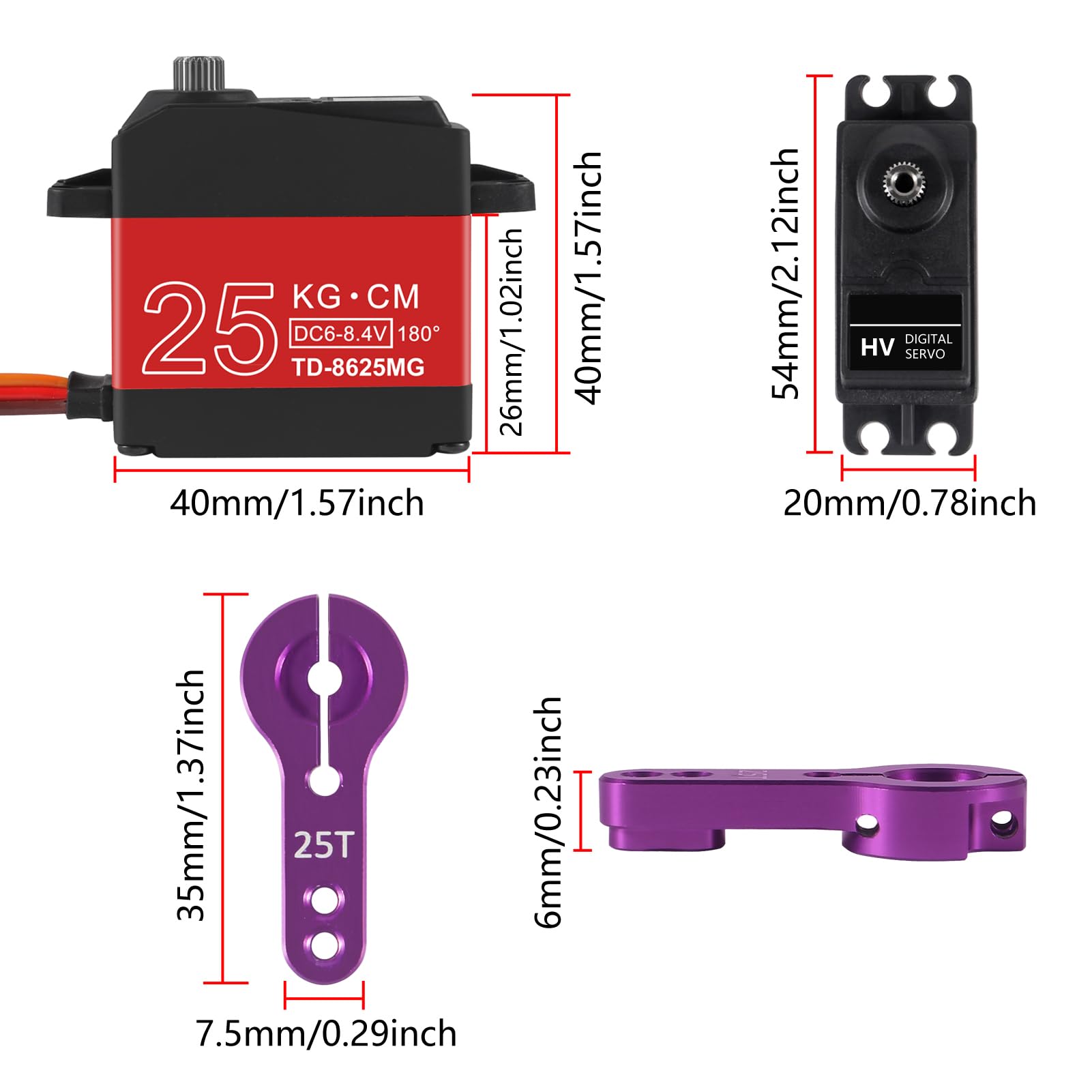 DWEII 2PACK 25KG RC Servo High Torque Servo Motors, Metal Gear, Waterproof, 180 Rotation, Compatible with 1/6-1/12 RC Cars & Robots