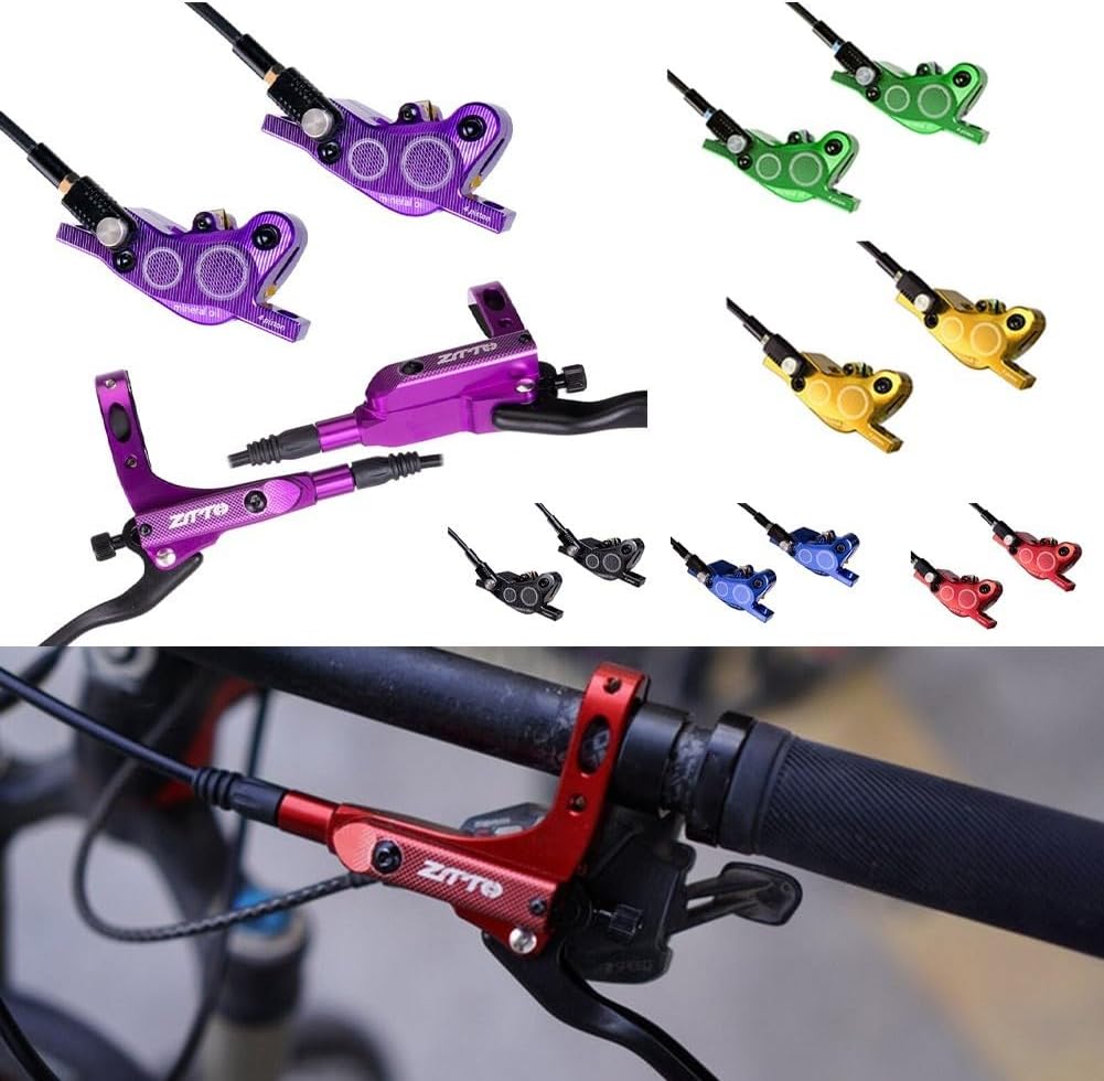 Hydraulic Brake Set for Mountain Bike Disc Brakes, 4-Piston Aluminum Alloy Calipers for 80cm Front / 145cm Rear Oil Lines, Black(Glod)