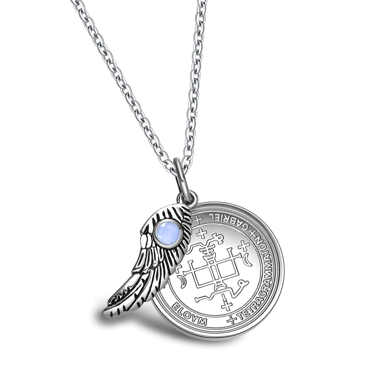 Archangel Gabriel Sigil from The Ancient Book of King Solomon - St Gabriel Necklace for Men and Women - Blessings Prayer Included - Angel Wing Pendant