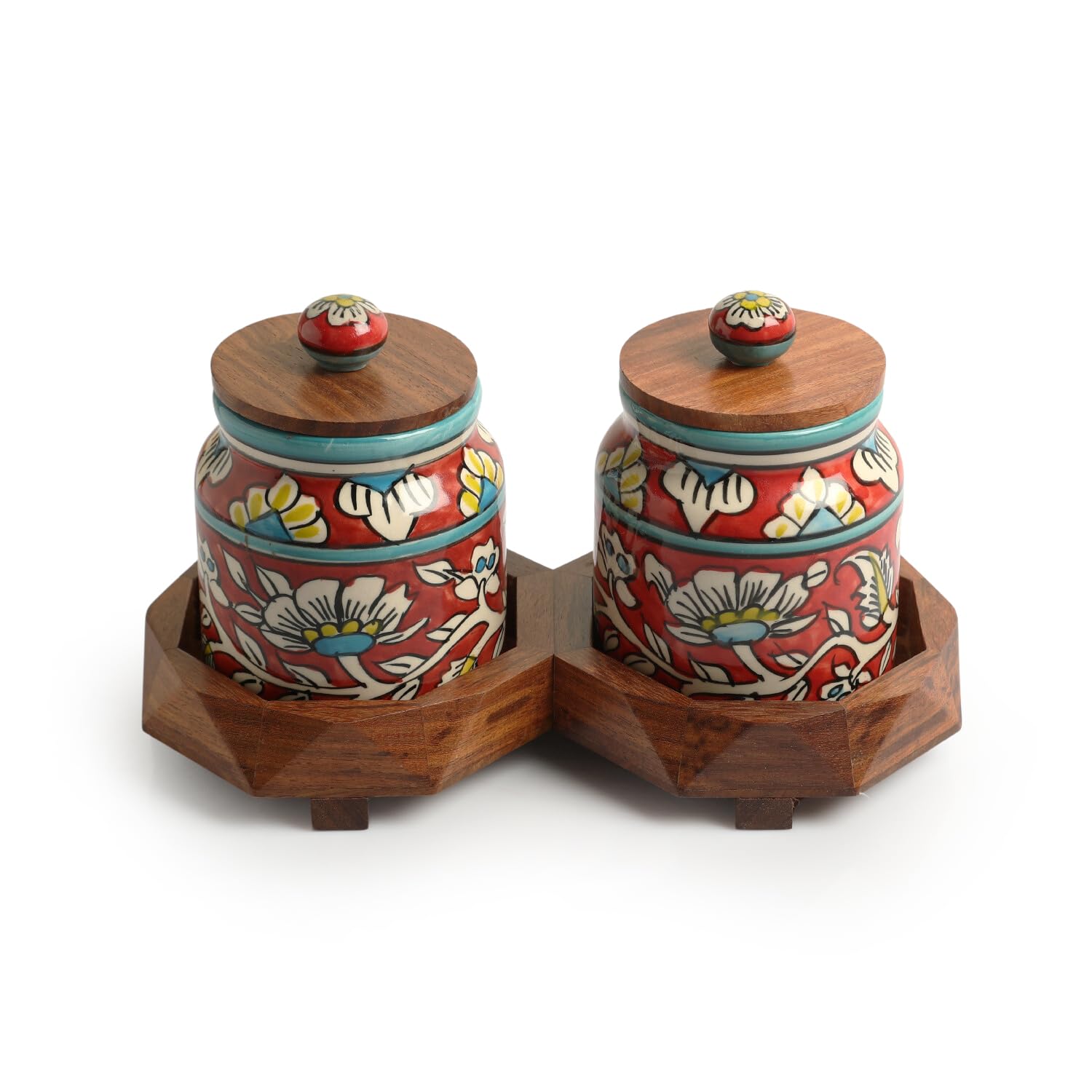 ExclusiveLane Mughal Floral Ceramic Containers with Lid & Tray (Airtight, Set of 2, 440 ML) | Multi Utility Kitchen Container Set Ceramic Jars with Wooden Lid & Container for Kitchen Storage Set (B0CBS38VQS) Amazon Price History, Amazon Price Tracker