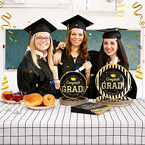 Homlouue 150 Pcs Graduation Plates And Napkins Congrats Grad Paper Plates Black And Gold Graduation Party Supplies With Dinner Plates, Dessert Plates, Napkins For Graduation Party, Serve 50 #TOP6
