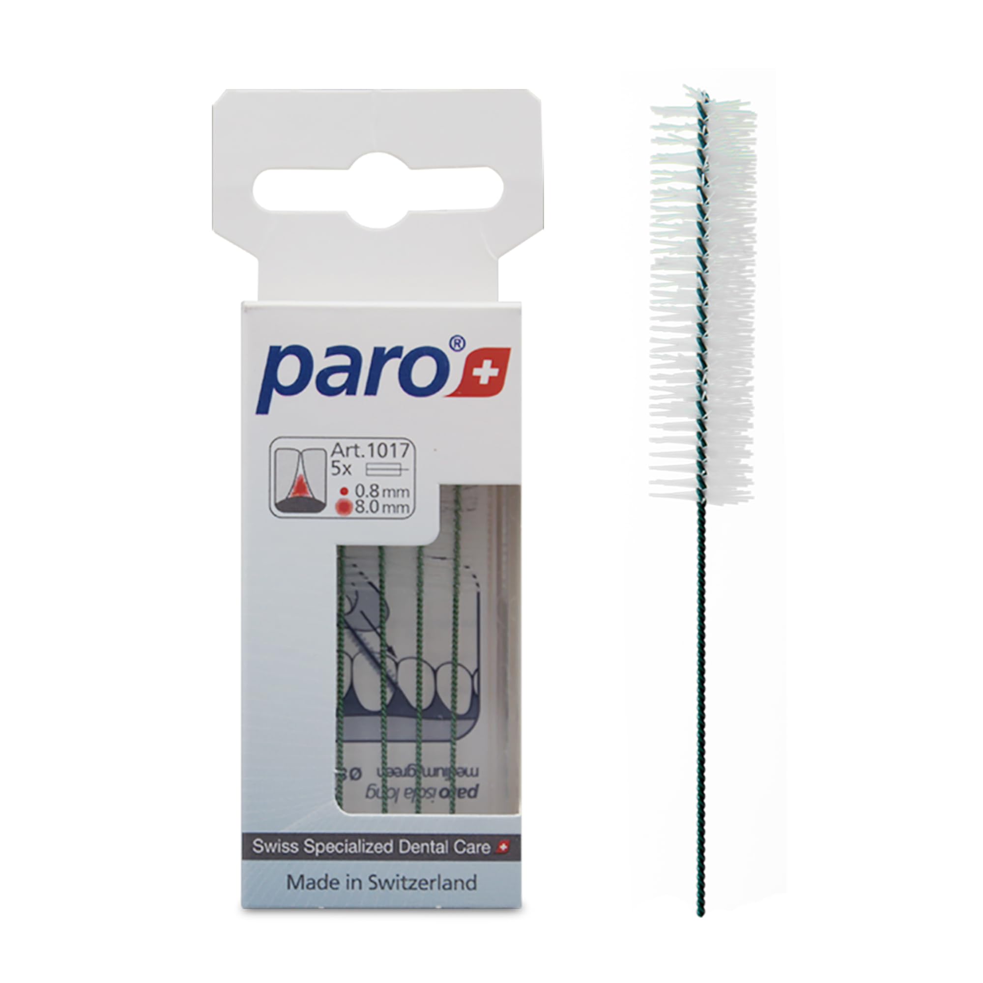 Paro Swiss Isola Long Interdental Brush Medium Green Cylindrical 8 mm 5 Count Dental Care Tooth Cleaning Brushes