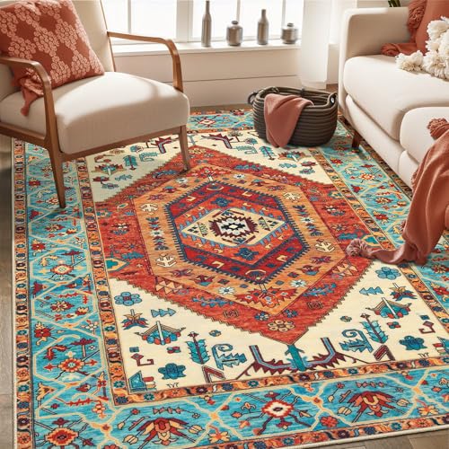SERISSA Area Rug 3x5 Boho Orange Rugs for Bedroom, Washable Non-Slip Kitchen Rugs, Ultra Soft Print Distressed Tribal Entry Rug Low-Pile Throw Rug Carpet for Bedroom Nursery Living Room Dorm Decor