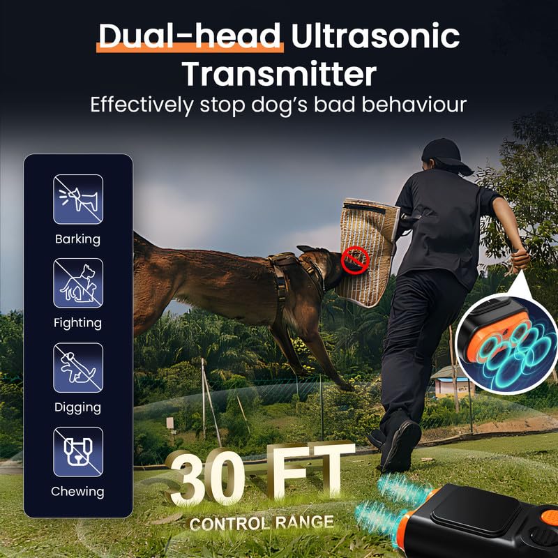 Queenmew Antibell Ultraschall Gerät, 2 Modi Anti Bell Gerät Hunde mit Stroboskop Taschenlampe, 30 Fuß Tragbares Antibell für Hunde mit Display für die Meisten Hunde im Innen- und Außenbereich
