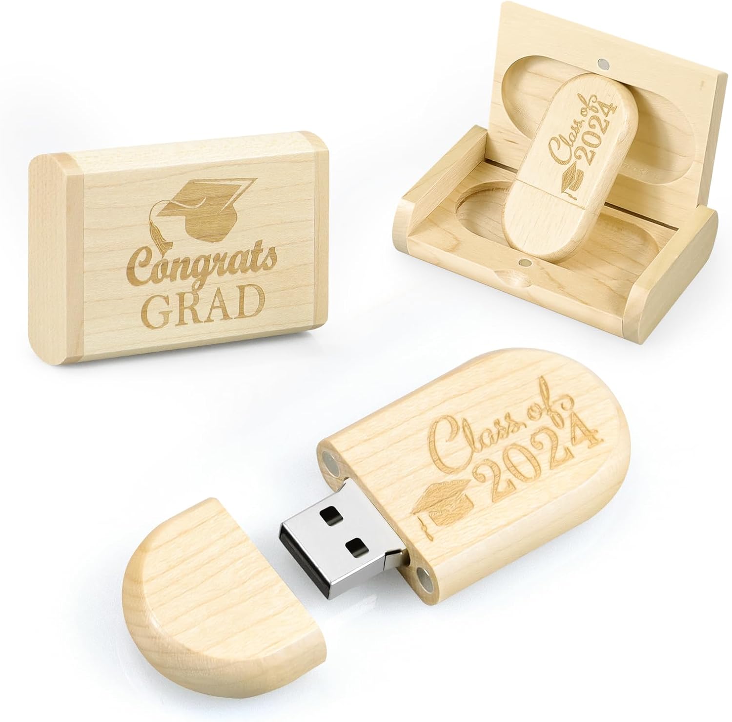 Graduation Gifts for Her Him, Class of 2024 64/128 GB Wooden Flash Drive, Cool Graduation Gift Box for Women Men Senior High School College Grad Student Nurse Teacher Law Masters Degree (64GB)