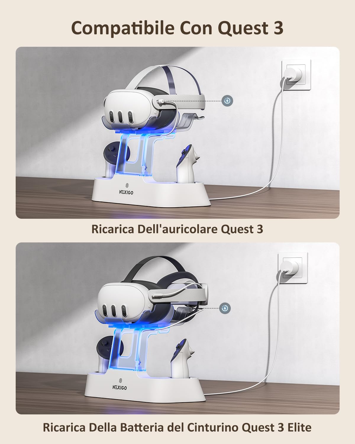 NexiGo Charging Dock LED Light for Oculus Quest 3 with Elite Strap Battery Support