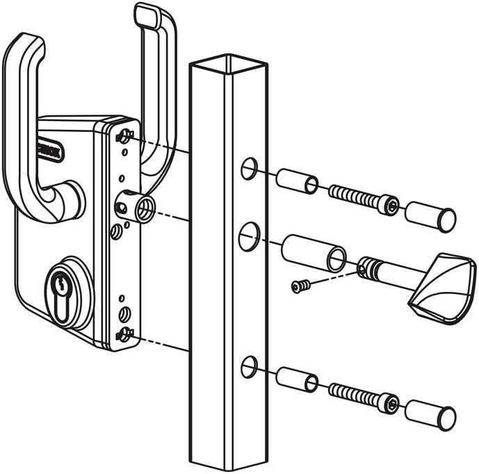 Eksplodiral view showing the lock components and how they align with the gate post for installation.