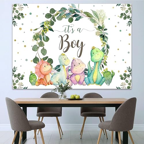Miniatura 5 de Fondo de 7 x 5 pies con texto en inglés "It's a Boy" para baby shower, dinosaurio, cactus y hojas de eucalipto, fondo para fotografía, suministros
