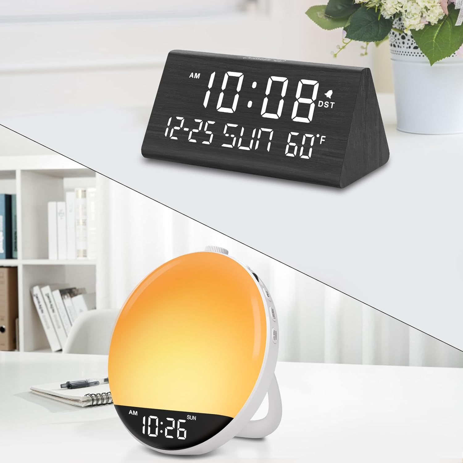 DreamSky Wooden Alarm Clock and Sunrise Alarm Clock Radio White Noise Sound Machine Bluetooth Speaker