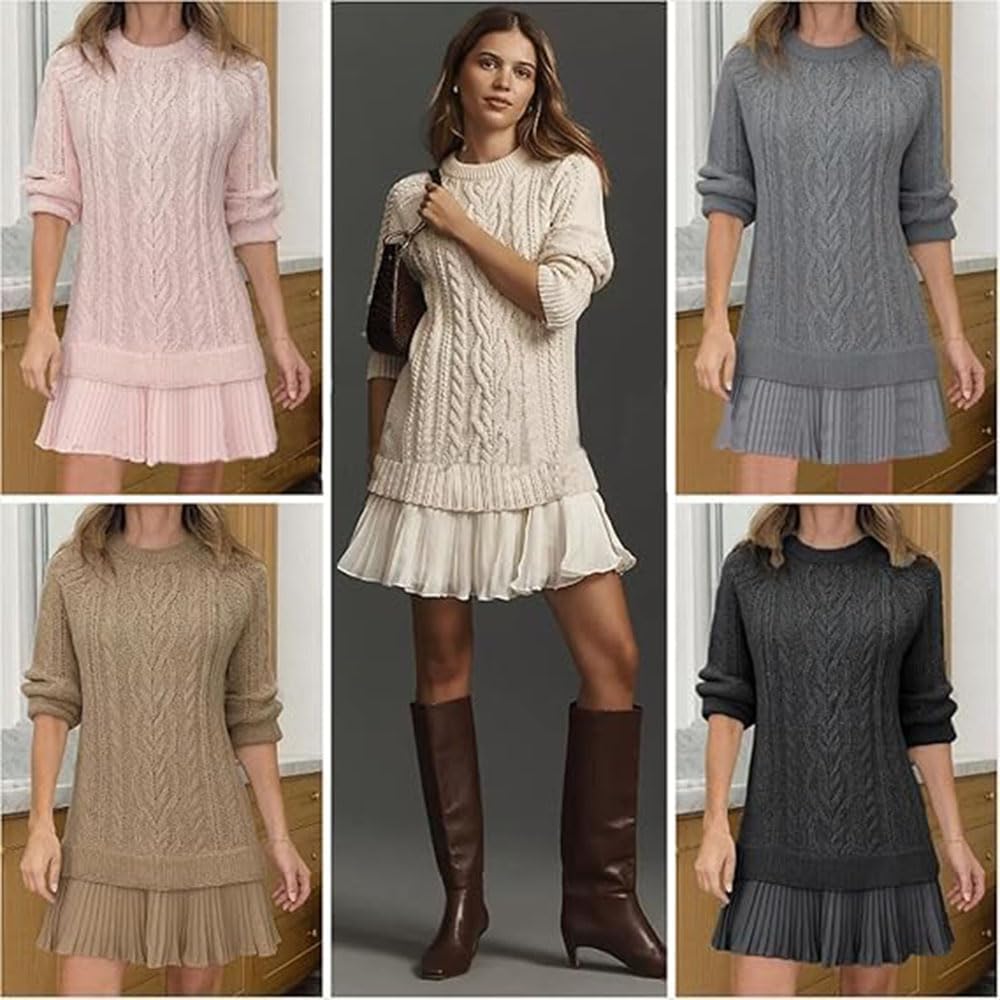 Mini Abito in Maglia a trecce con Scollo Rotondo da Donna, Abito in Maglia a trecce con Scollo Rotondo Casual e Maniche Lunghe, Completo Autunnale da Donna