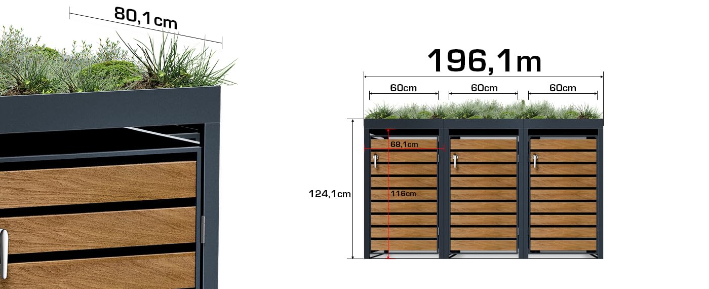 Metzler Box à poubelles 3x240L Anthracite & Aspect Bois avec Toit végétal & Bande de visibilité, Habillage pour 3 bacs avec Couvercle Automatique, Acier poudré Inoxydable, verrouillable
