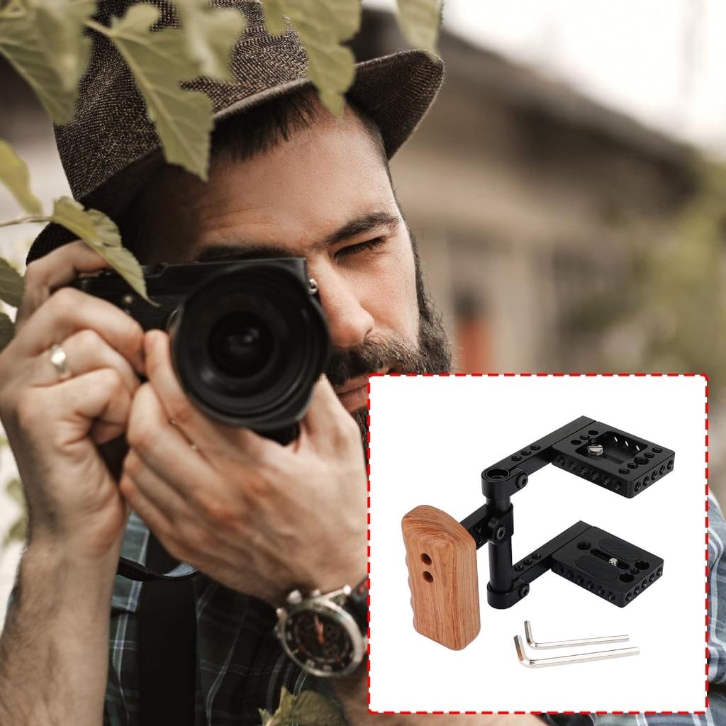 Metal Camera Cage with Wooden Grip and 1/4in Threads for Comfortable Handling and Secure Photography Setup