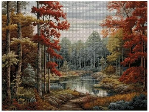 A Lake in Woods Counted Cross Stitch,14 Count 100% Cotton,300x220 Stitch, 54x40 cm,Cotton Counted Landscape 14ct Cross Stitch Kits
