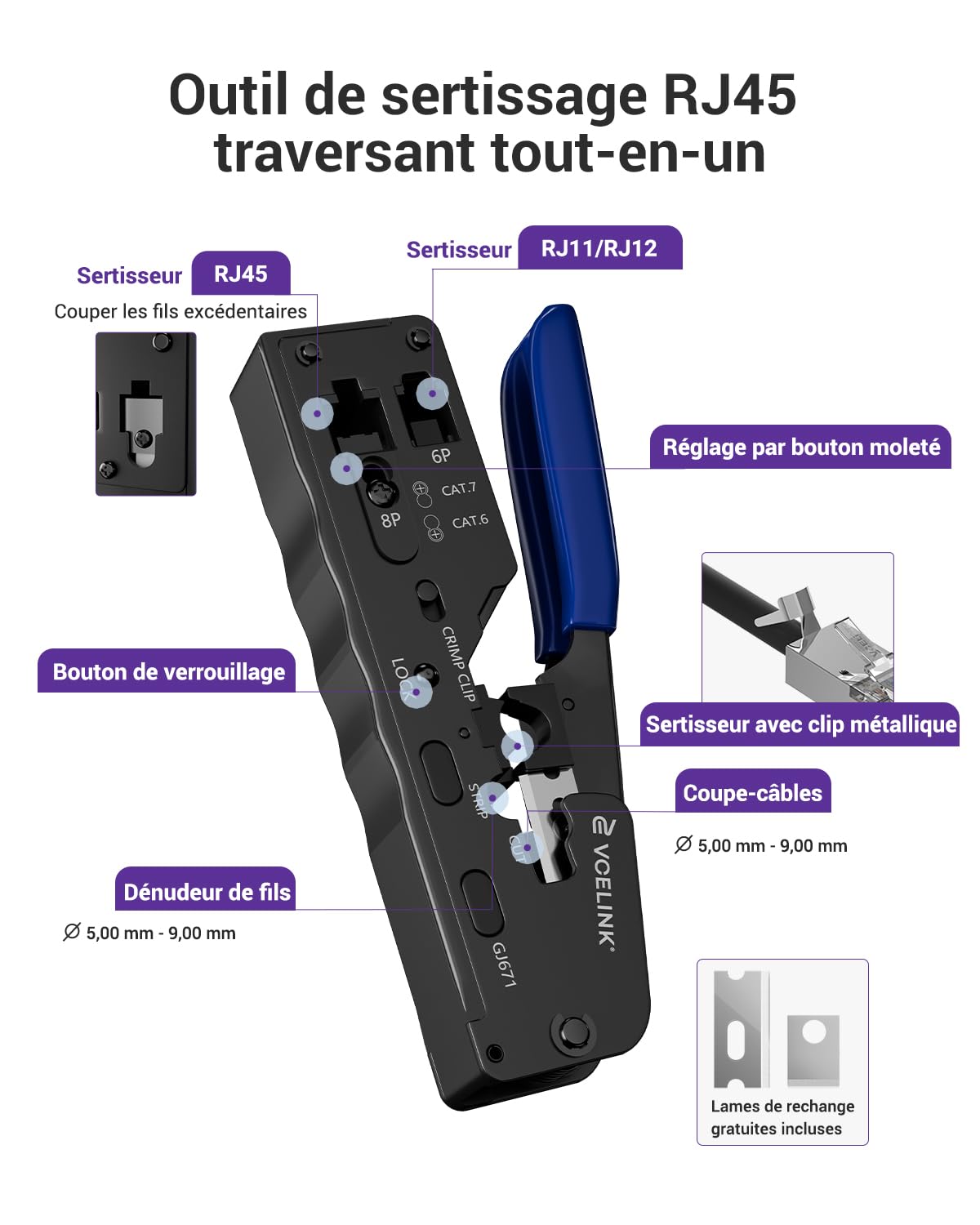 VCELINK Professionnel Network d’installation Kits, Pince à Sertir RJ45 avec 20 Connecteurs RJ45 Cat7/Cat6a Pass Through, Testeur RJ45, Mini Pince à dénuder Pour, RJ45, Sac en Tissu