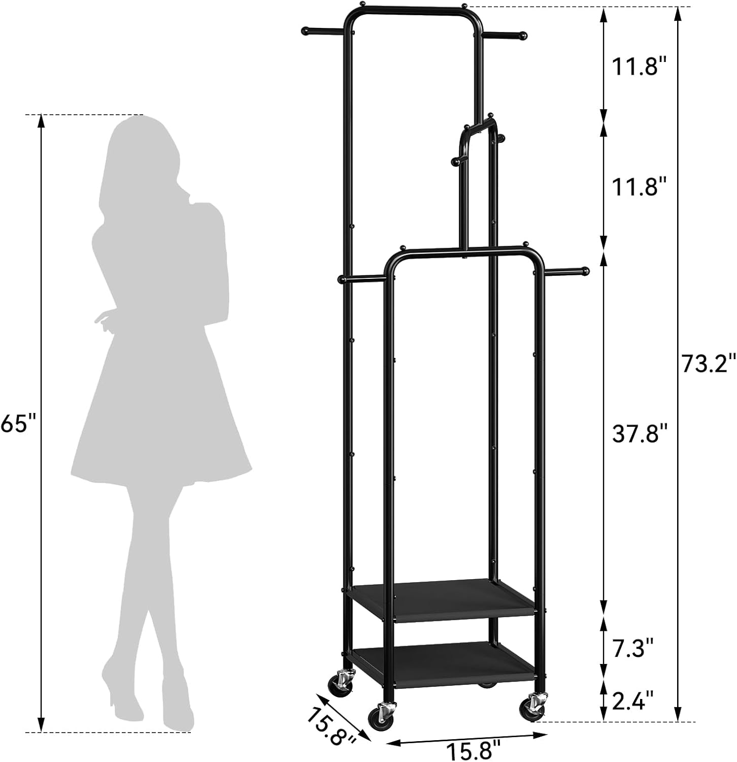 Chrislley Small Clothing Rack With Wheels, 71" Portable Rolling Garment Rack With 2 Shelves and 6 Hooks, 3-Section Different Heights Heavy Duty Metal Clothes Rack For Coats, Shirts, Bags, Shoes, Black