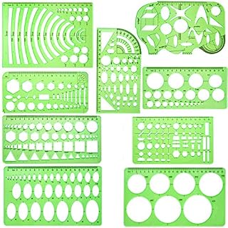 QISF 9 Pcs Geometric Drawing Templates | Ellipse Template | Circle Template | Clear Green Rulers | Measuring Templates Rulers Digital Drawing for Office School Building Formwork Drawings Templates