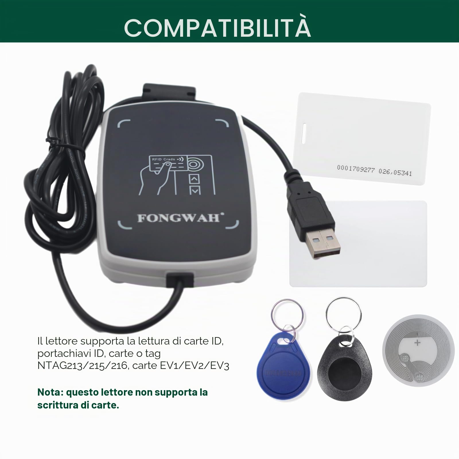 Fongwah RFID IC & ID Card Reader con emulatore di tastiera di sola lettura per NFC Tag Card/Chip S50 125KHz e 13.56MHZ Contactless
