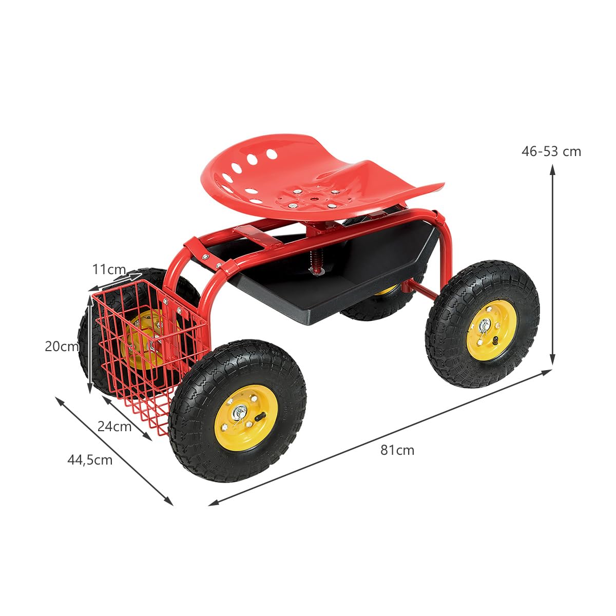 GOPLUS Rolzitje voor tuin, 360° draaibaar tuinzitje met handgreep, rugleuning en zitkussen, tuinkruk met plank, mand en gereedschapstas, zithoogte verstelbaar, tot 150 kg, tuinwagen voor tuinieren