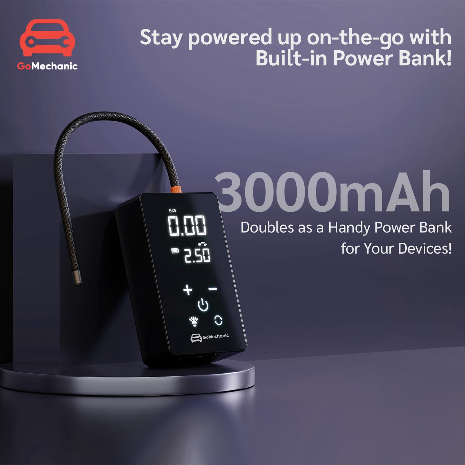 GoMechanic Wireless Tyre Inflator for Car & Bike |150 PSI |3000 mAh Battery | Air Pump with Full LCD Touch Screen, Multiple Presets| PowerBank|Flash Light |Type C, Digital Display, Multiple Nozzles 1