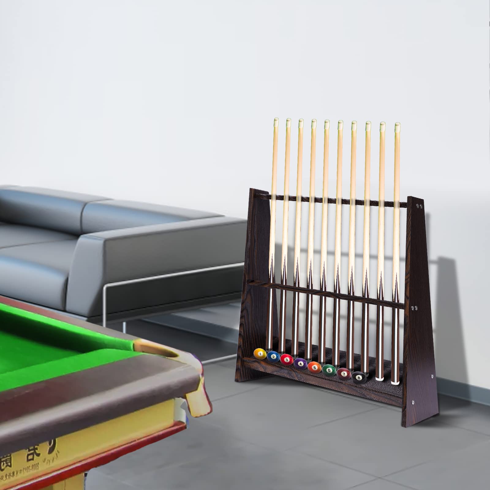 Support de Queue de Billard 8 Trous Multifonctionnel en Bois Montage au Sol
