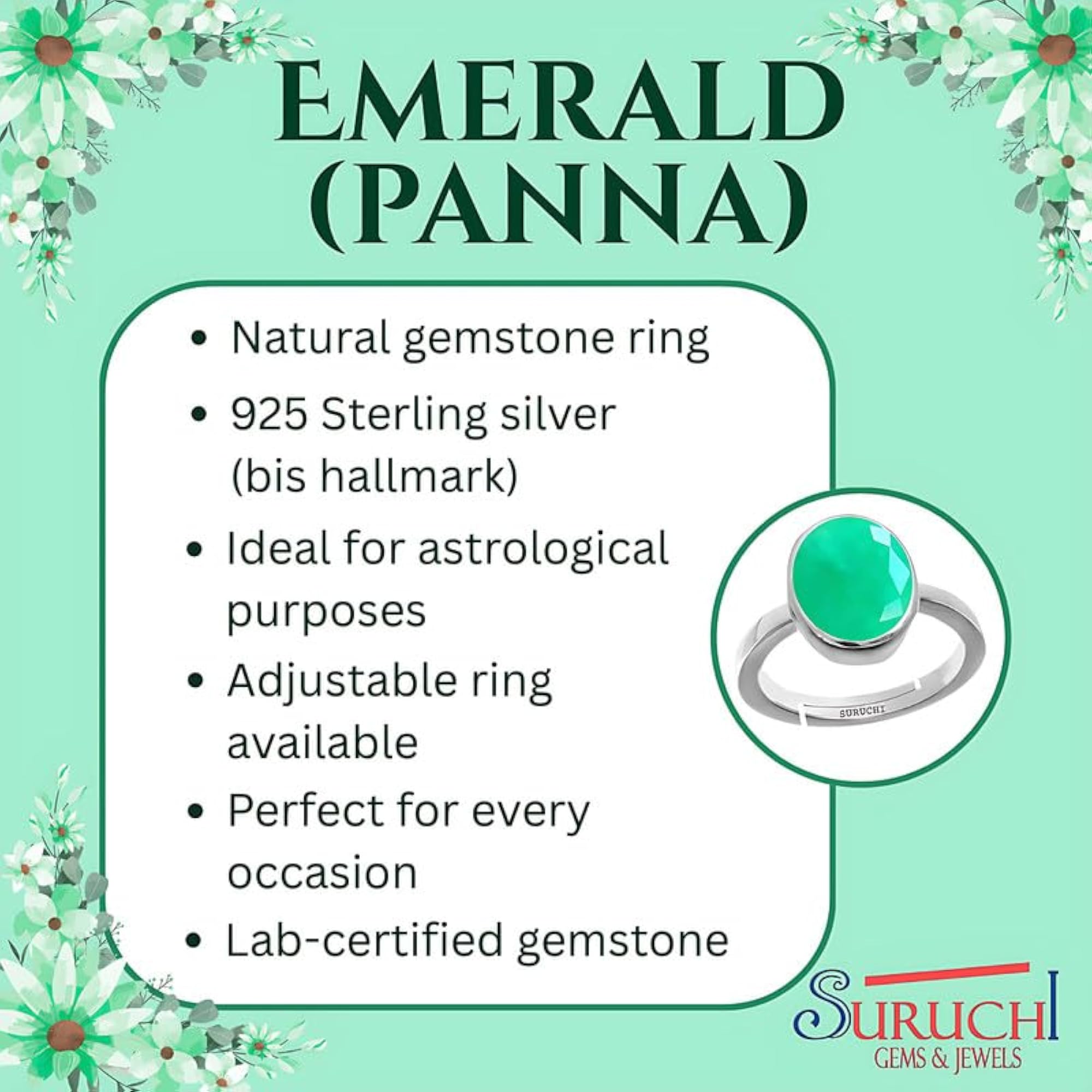 Women's 925 Sterling Silver Emerald Adjustable Ring, Astrological Gemstone