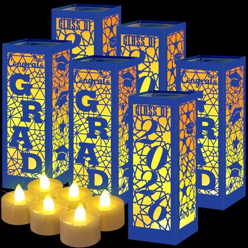 Image of Rossesay 6 Pcs Graduation Table Centerpieces Boxes Class of 2026 Graduation Lanterns for Centerpieces with LED Candles Congrats Grad School College Photo Props for Party Table Decoration (Blue)