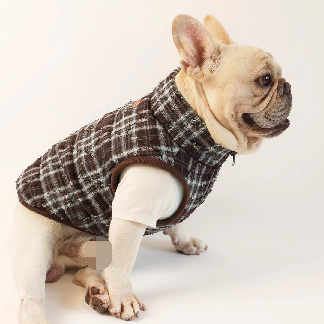 Dog Coat Fashion Jacket in Plaid, Winter Warm Pet Coat, Cold Weather Dogs Windproof Coat with A Zipper, Pet Snow Vest for French Bulldog