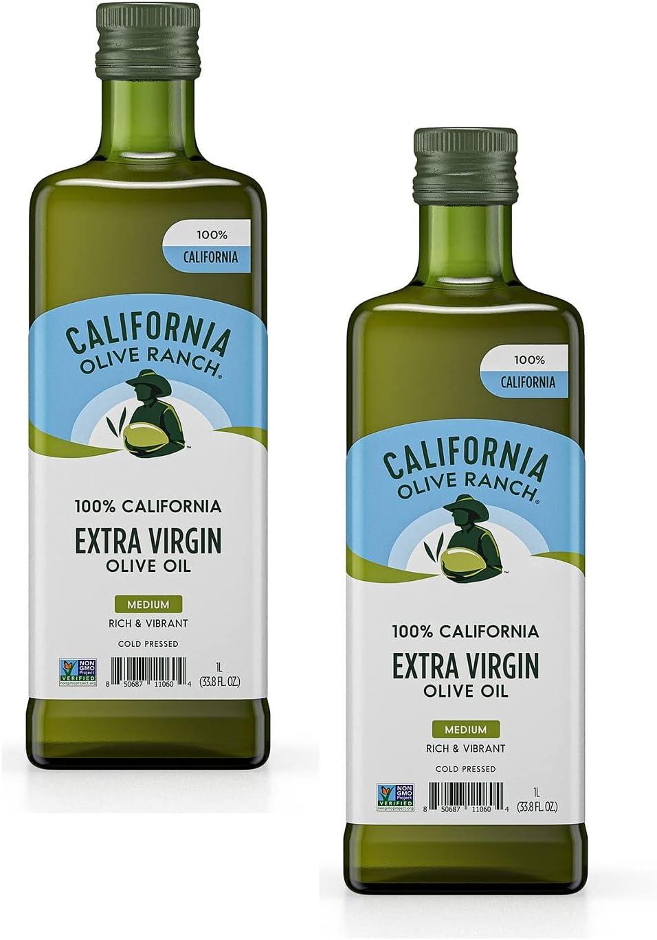 100% California Extra Virgin Olive Oil (MEDIUM) Rich & Vibrant Cold Press Two Bottles 33.8 fl. oz/1L. each