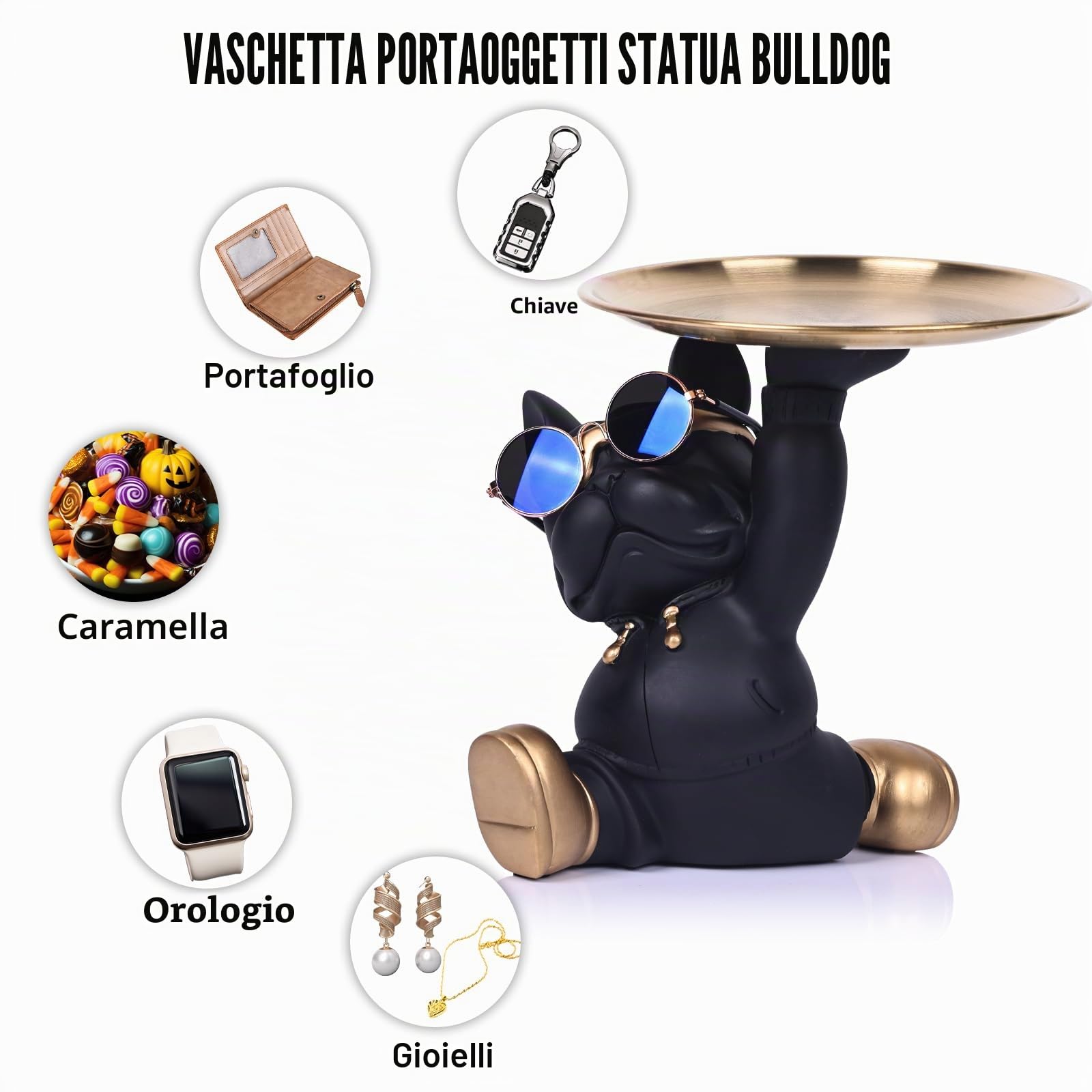 Statua Con Vassoio Bulldog, Statua Moderna Di Bulldog Francese Con Vassoio, Per Decorazione Domestica, Portacaramelle, Soggiorno, Decorazione Dell'ingresso E Corridoio (Nero)