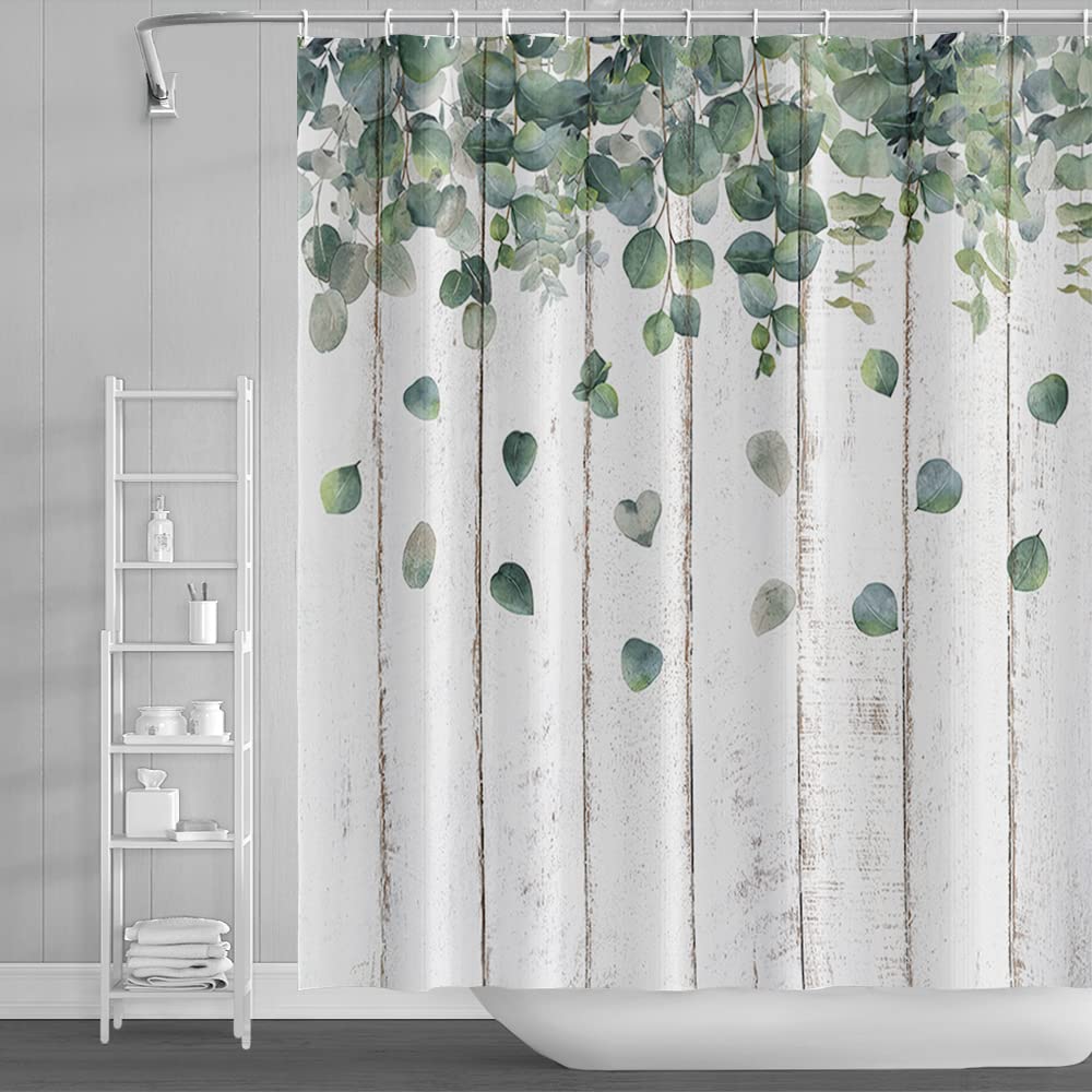18meng Art Shower Curtain Green Leaf Mould Proof Weighted Polyester Fabric Bathroom Curtains 200x280cm Waterproof Resistant Wet Room Washable Bathtub Curtain with 12 Hooks