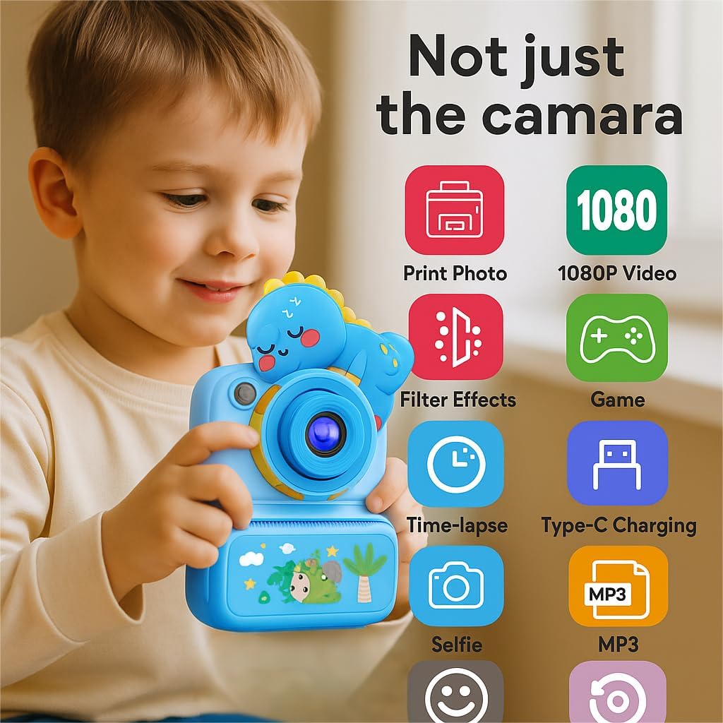 Kids Instant Print Camera, 2.4" HD Screen Instant Camera, Dual 3MP Kids Camera, 1080P Video, MP3 & Games, Includes Printing Paper & Lanyard, Gift for Boys & Girls (Blue-Color Printing)