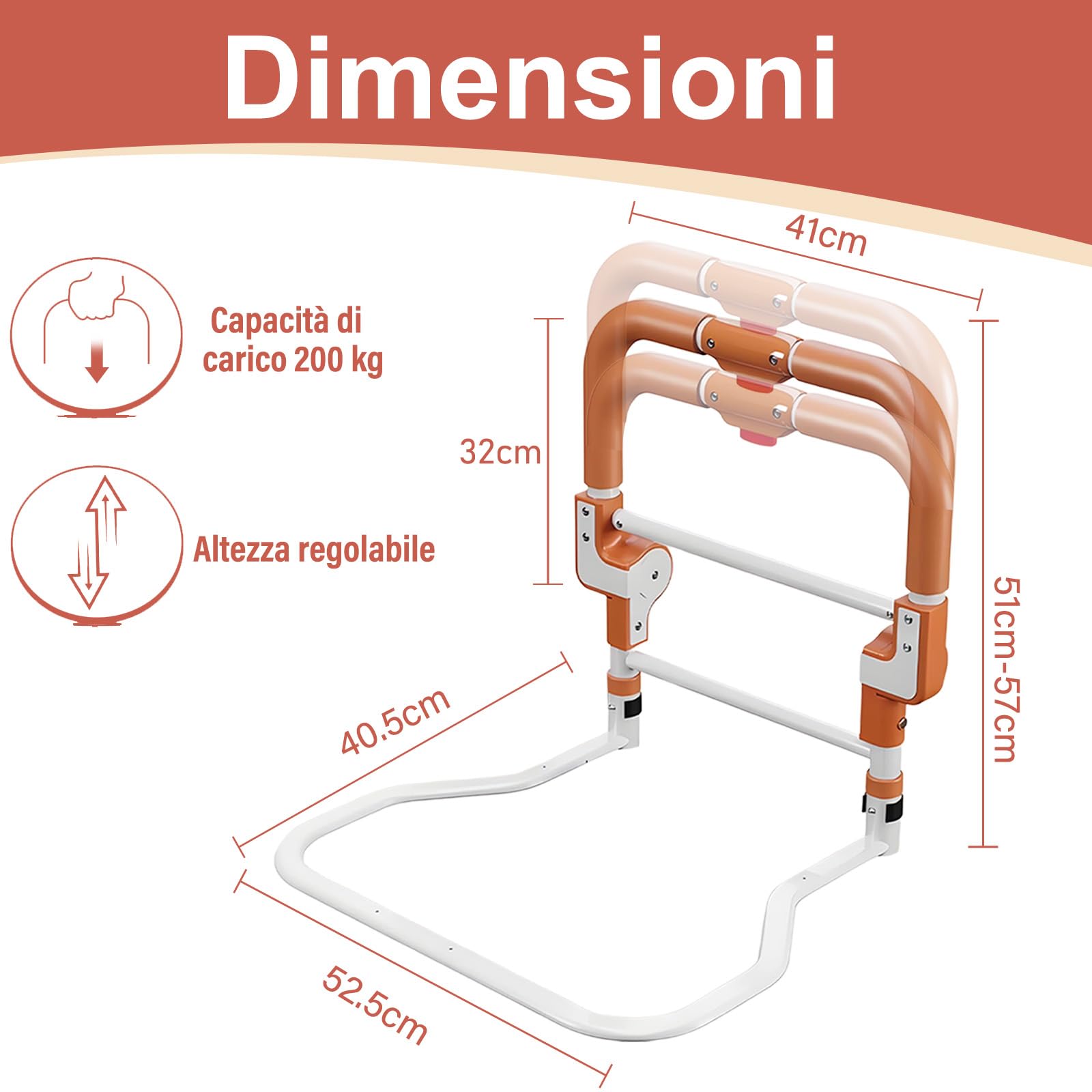 CYHWQ Sponda Letto Anziani Pieghevole, Ausili per Alzarsi dal Letto, con Tre Regolazioni in Altezza e una Tasca Portaoggetti, è Adatta ad Anziani, Persone con Mobilità Ridotta e Donne in Gravidanza