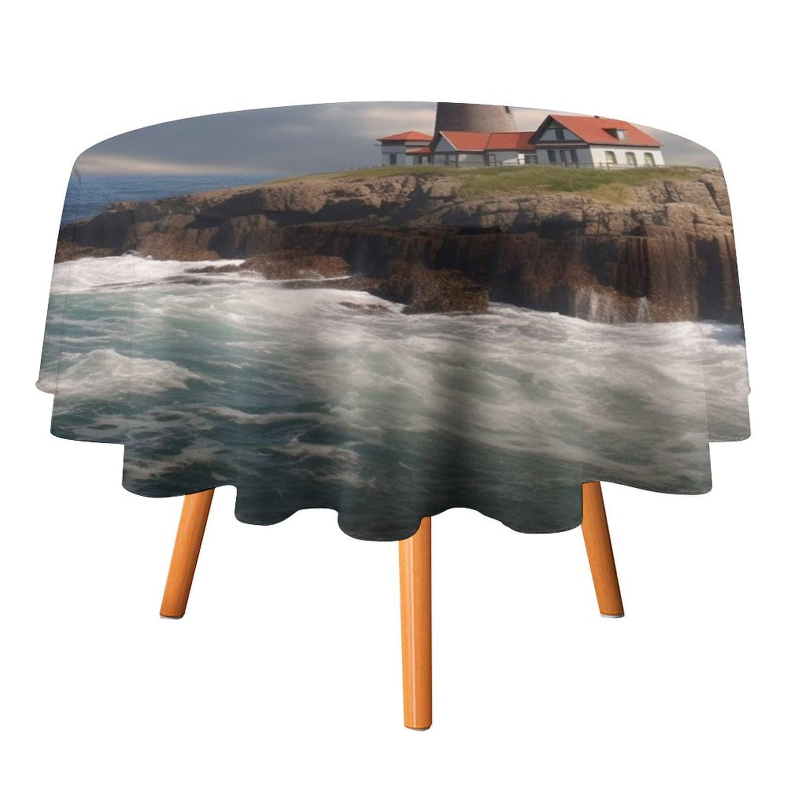 SMAZDFXX Sea Lighthouse Tablecloth for Restaurant, Round Polyester Table Cover 50x50in for Party