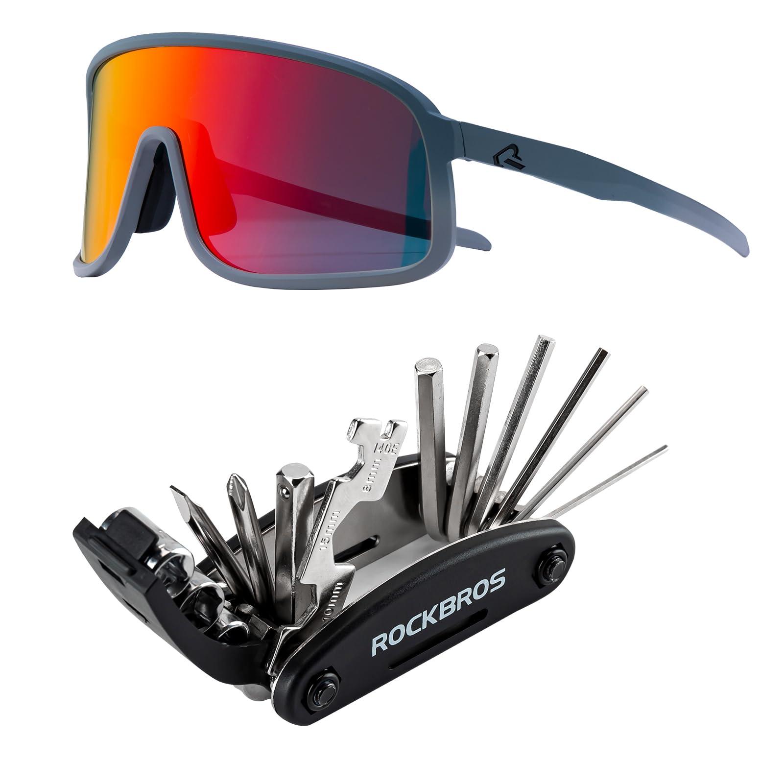 ROCKBROS Fahrrad Multitool 16-in-1 + Polarisierter Fahrradbrille, UV400 Schutz, Kompakt und Leicht, Faltbares Reparaturset aus Stahl, TR90 Sportbrille für Damen und Herren MTB Radfahren