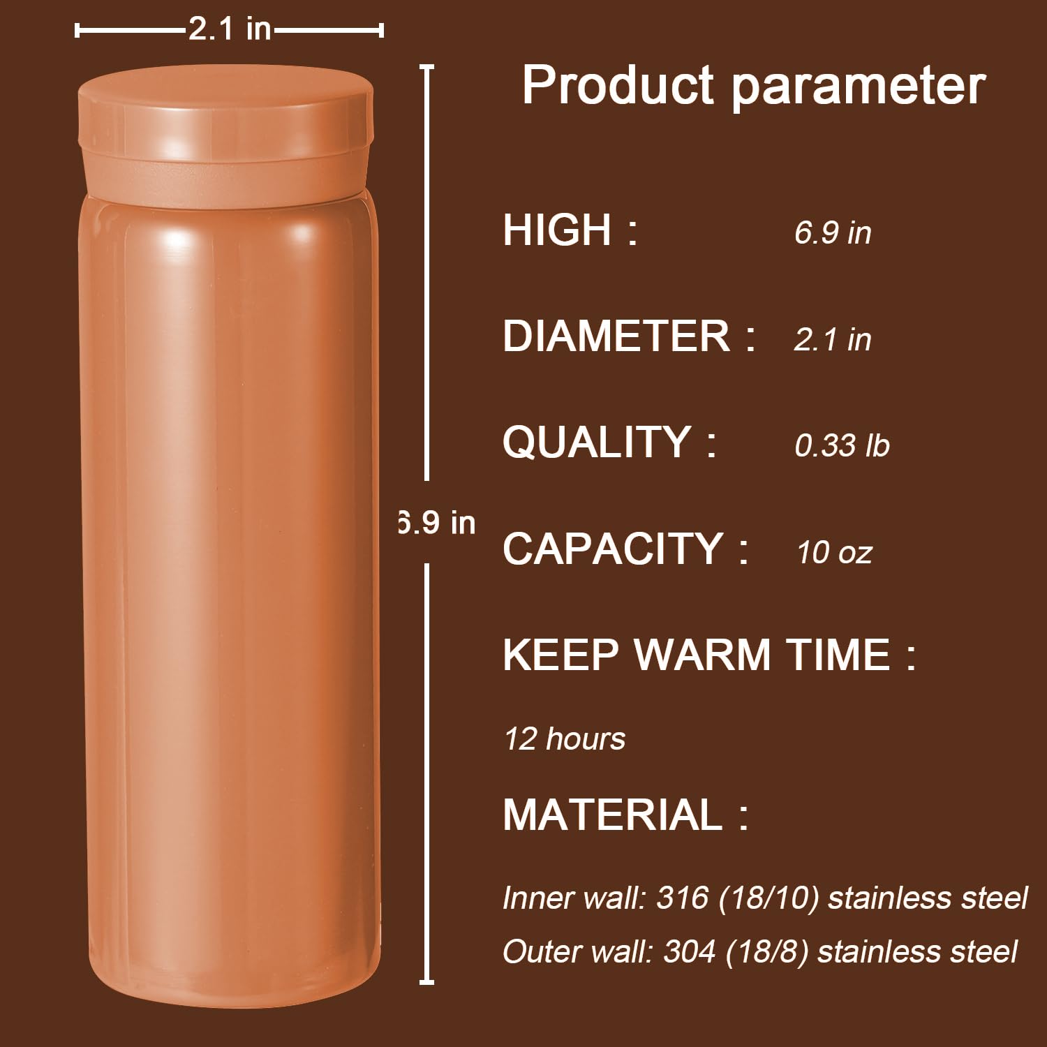 Small Flask, Cute Water Bottle, Vacuum Insulated Flask for Hot & Cold Drink, Keep 12H Hot & 6H Cold (Orange, 280ml) - Image 2