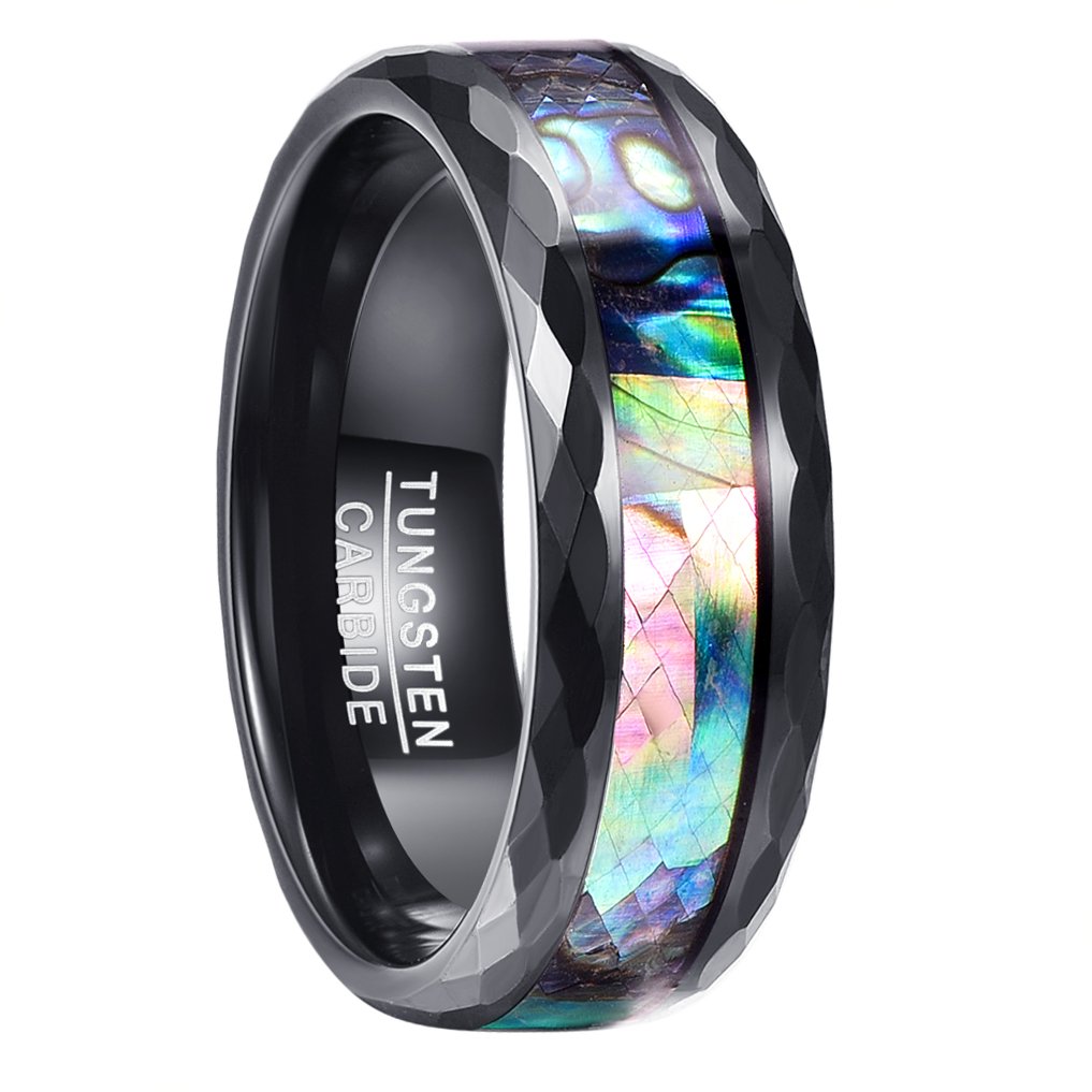 NUNCAD8mm Abalone Shell Tungsten Carbide Rings for Men Women Black Faceted Edges Wedding Engagement Promise Band Ring Comfort Fit Size J½ to Z+3