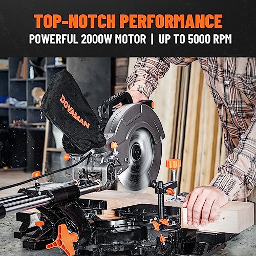 DOVAMAN Updated 10-Inch Sliding Miter Saw, Multi-Material Cutting w/ 3 x TCT Blades, Ambidextrous Operation, 5000/3200RPM Speed, Laser Guide, 0-45° Bevel Cut, Max Cut 3.5x13.4in, 9 Positive Stops