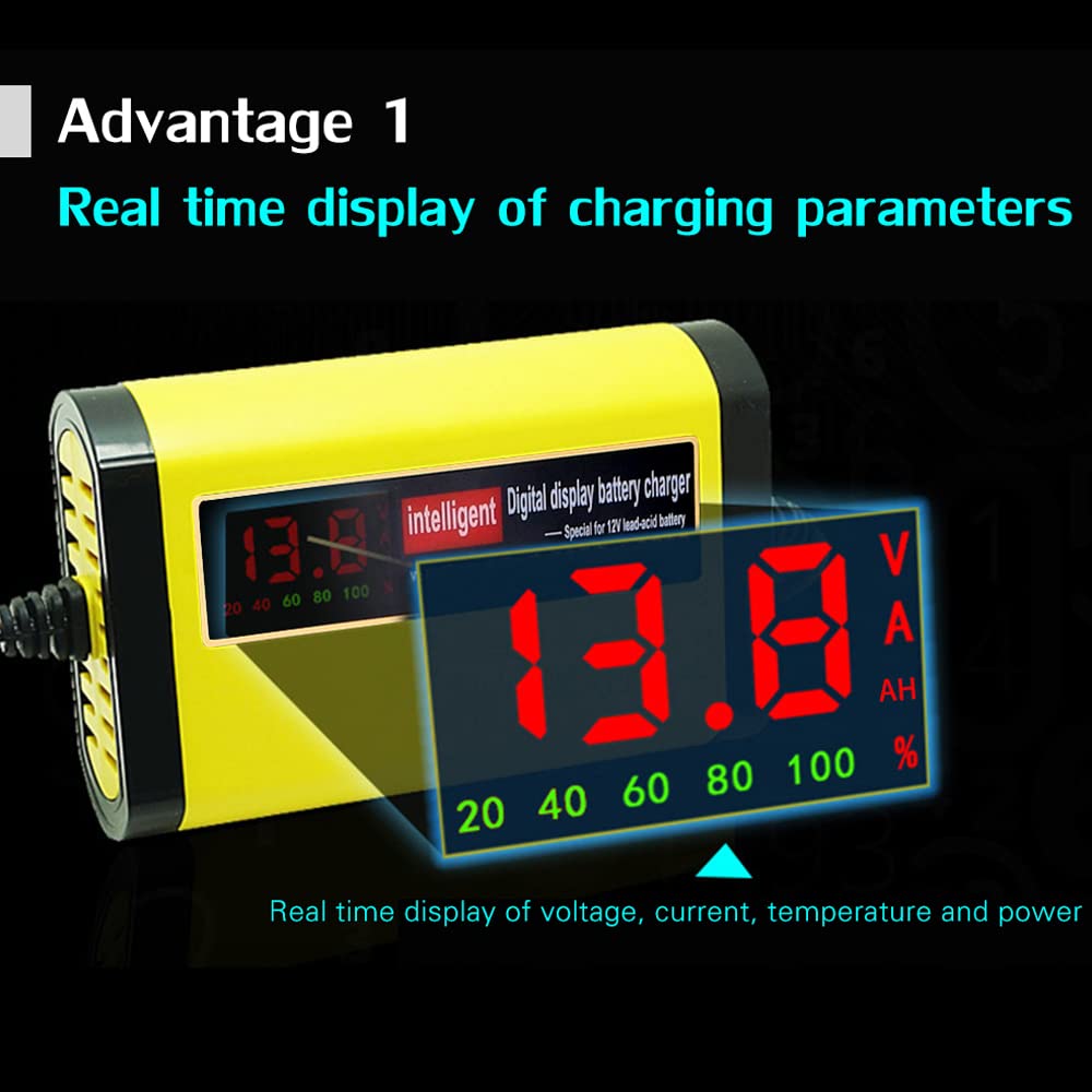 ACAGALA 12V 2A Smart Car Battery Charger, 3-Stage Automatic Charging for Lead Acid/AGM/Gel Batteries, LCD Display with Temperature Compensation for Car Motorcycle RV Marine