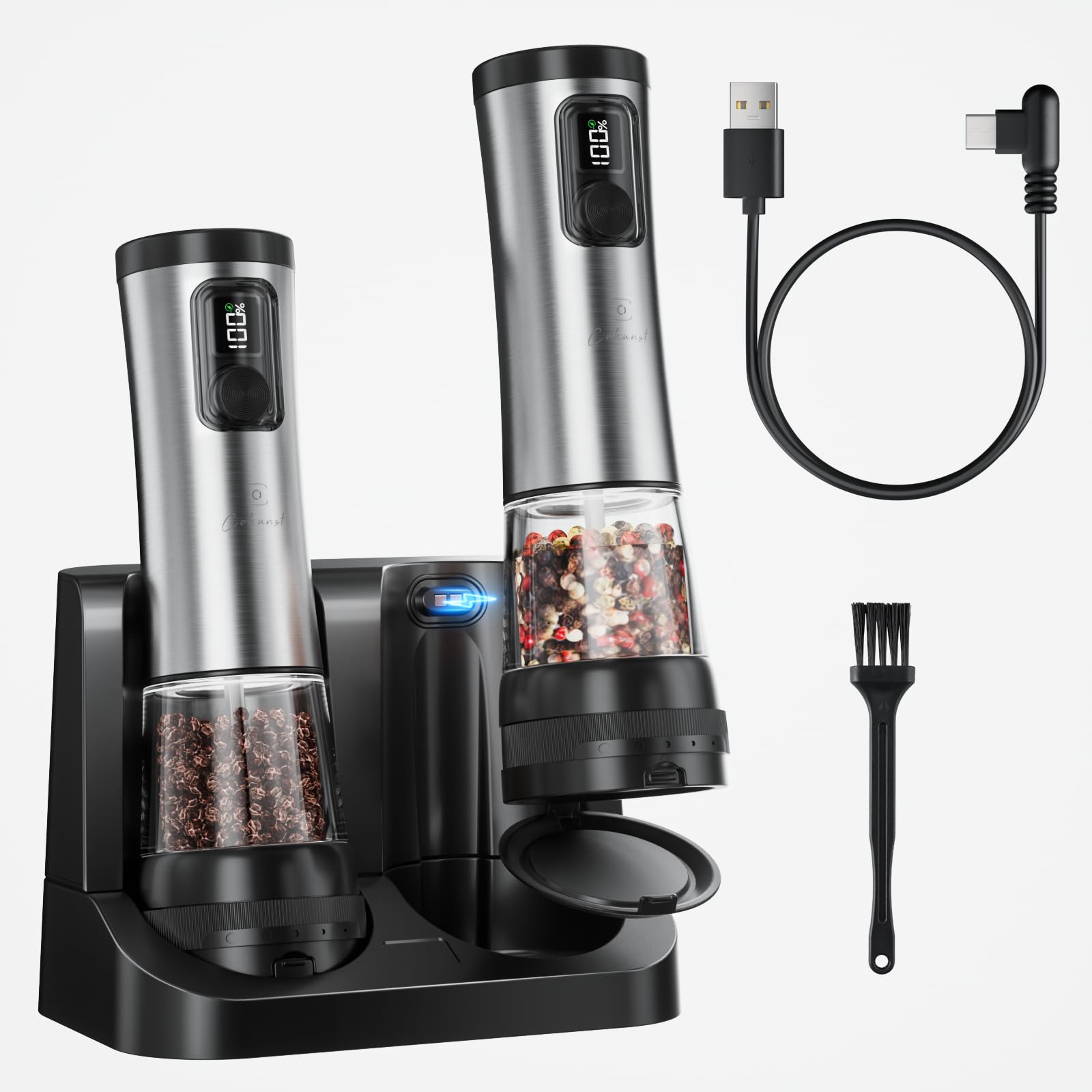 COKUNST Juego de molinillo eléctrico de pimienta y sal, molinillo de pimienta USB con soporte recargable, ajustable 5 niveles de grosor, molinillo de pimienta con pantalla digital con 2 velocidades de
